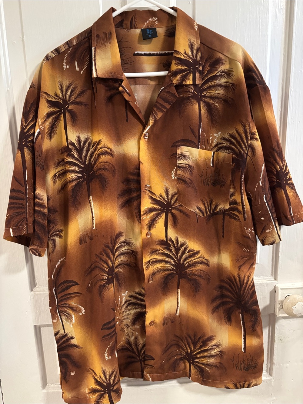 Vintage FC- Men's Tropical Palm Print Camp Shirt - Brown/Gold Size XL